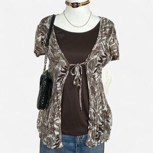Fred David Tropical Sheer Tie Front‎ Top Womens Small Brown Leaf Print Layer
